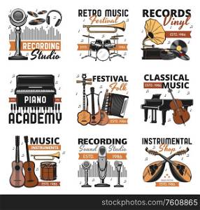 Music instrument sand vinyl records shop, vector icons. Folk and classic orchestra music festival, sound recording studio label, piano play school and instrumental music store signs,. Retro music instruments, vinyl records shop icons