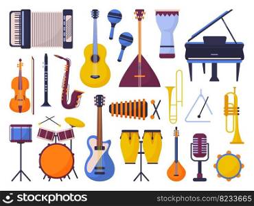 Music instruments icons. Musical electronic drum, violin clarinet and guitar. Jazz band flat cartoon elements. Flute, accordion, orchestra neoteric vector set of electronic guitar music illustration. Music instruments icons. Musical electronic drum, violin clarinet and guitar. Jazz band flat cartoon elements. Flute, accordion, orchestra neoteric vector set