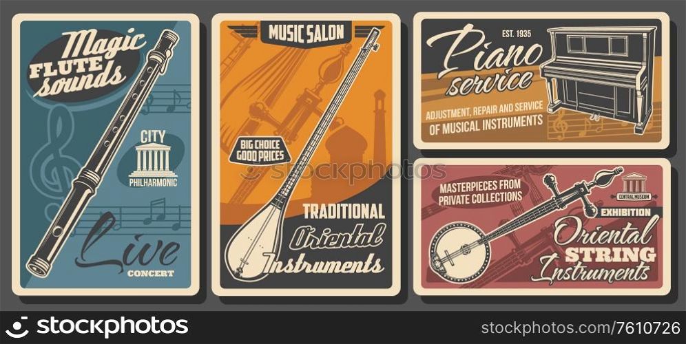 Music instruments, musical store or shop vector retro posters. Piano adjustment and repair service, Oriental Asian string folk musical instruments philharmonic orchestra and flute live concert. Music instruments, musical store retro posters