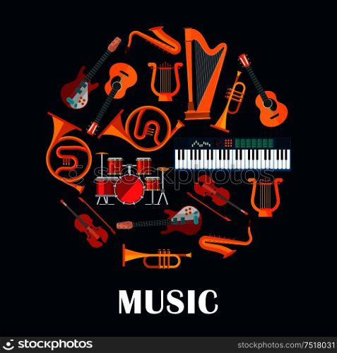 Music instruments or sound equipment. Electric and acoustic guitars, drum kit or trap set and violin, saxophone and lyre, synthesizer and trumpet. Brass, string, woodwind, percussion. Musical instruments and sound equipment