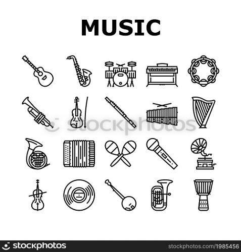 Music Instruments Performance Icons Set Vector. Saxophone And Trumpet, Guitar And Violin, Tambourine And Accordion Music Instrument. Gramophone And Vinyl For Listen Song Black Contour Illustrations. Music Instruments Performance Icons Set Vector