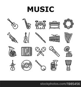 Music Instruments Performance Icons Set Vector. Saxophone And Trumpet, Guitar And Violin, Tambourine And Accordion Music Instrument. Gramophone And Vinyl For Listen Song Black Contour Illustrations. Music Instruments Performance Icons Set Vector