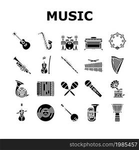 Music Instruments Performance Icons Set Vector. Saxophone And Trumpet, Guitar And Violin, Tambourine And Accordion Music Instrument. Gramophone Vinyl Listen Song Glyph Pictograms Black Illustrations. Music Instruments Performance Icons Set Vector