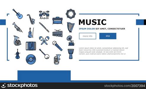 Music Instruments Performance Landing Web Page Header Banner Template Vector. Saxophone And Trumpet, Guitar Violin, Tambourine Accordion Music Instrument . Gramophone And Vinyl Illustration. Music Instruments Performance Landing Header Vector
