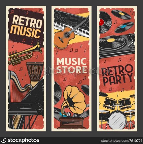 Music instruments retro banners, music store, live concert festival. Musical party instruments, vinyl record gramophone, classic piano and orchestra harp, saxophone, African jembe drums and trumpet. Music instruments retro banners, music store