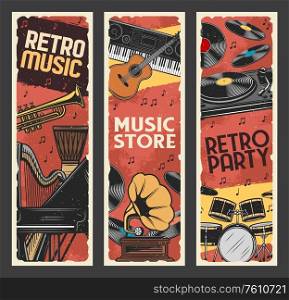 Music instruments retro banners, music store, live concert festival. Musical party instruments, vinyl record gramophone, classic piano and orchestra harp, saxophone, African jembe drums and trumpet. Music instruments retro banners, music store
