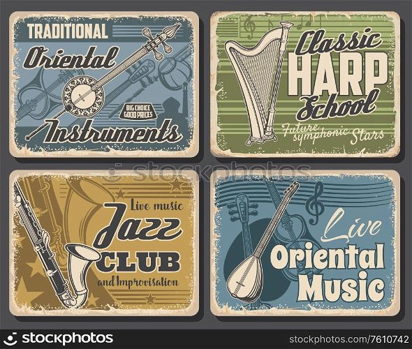Music instruments retro posters, jazz festival and saxophone band live concert, vector. Orchestra and symphonic harp musical school, Asian and Oriental traditional folk music instruments store. Music instruments retro posters, jazz festival