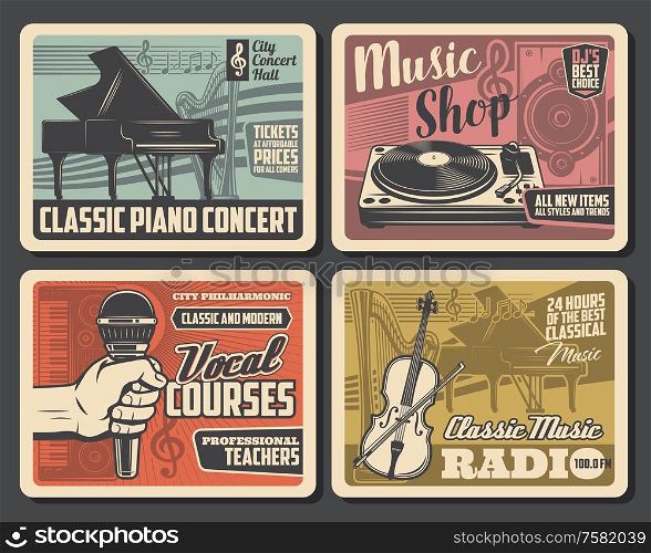 Music instruments retro posters, vocal school courses and classic music radio retro posters. Vector piano concert, music DJ equipment and vinyl records shop, orchestra or jazz band festival. Music shop, vocal courses, concert retro posters