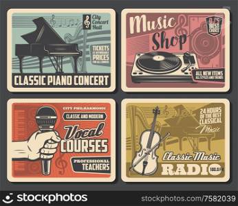 Music instruments retro posters, vocal school courses and classic music radio retro posters. Vector piano concert, music DJ equipment and vinyl records shop, orchestra or jazz band festival. Music shop, vocal courses, concert retro posters