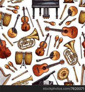 Music instruments seamless pattern background. Vector sketch piano, folk maracas and guitar or vintage phonograph or gramophone, orchestra trombone and harp, jembe drums and flute with violin fiddle. Folk music instruments sketch seamless pattern