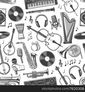 Music instruments seamless pattern of guitar, piano and violin with music notes. Vector folk maracas, jazz saxophone and DJ vinyl disc, record player and headphones and singer microphone pattern. Music seamless pattern, musical band instruments
