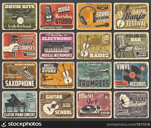 Music instruments shop, live concert and recording studio, vector retro posters. Classic music radio, guitar store, jazz fest saxophone and piano school, singer vocals courses and blues bar. Musical instruments store, live concert festival