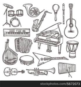 Music instruments sketch icon set with drum violin guitar isolated vector illustration