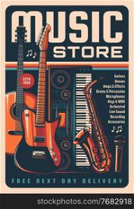Music instruments store vintage poster, sound equipment, acoustic and electronic musical instruments shop retro vector banner. Electric and classic guitar, piano or synthesizer, saxophone, microphone. Music instruments and equipment store retro banner