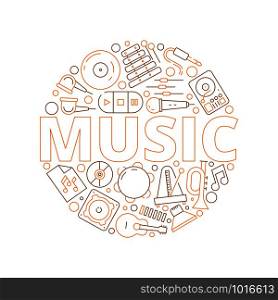 Music items background. Musicians instruments for recording audio studio vector icon in circle shape. Equipment for music studio, microphone and mixer, musical loudspeaker illustration. Music items background. Musicians instruments for recording audio studio vector icon in circle shape