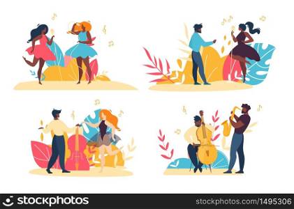 Music Jazz Band. Vocal Instrumental Ensemble. Vocal Singers, Saxophonist, Double Bass Player. Cartoon Talented Musician Male Female People Characters Flat Set. Vector Illustration. Plant Leaves Design. Music Jazz Band, Vocal Instrumental Ensemble Set