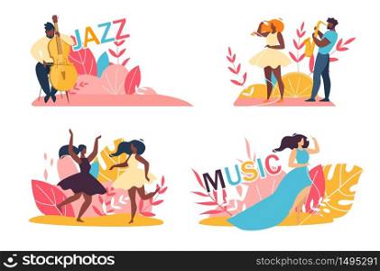Music Jazz Festival. Cartoon Afro-American, Caucasian Talented People Male Female Character Having Fun, Dancing, Singing Song in Microphone, Playing Sax and Double Bass Set. Vector Flat Illustration. Music Jazz Festival Cartoon Talented People Set