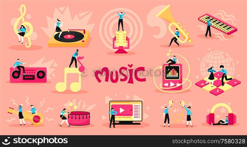 Music learning listening online flat set with electronic instruments computer treble clef guitar player background vector illustration