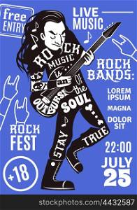 music lettering silhouette poster rock. Rock band music night concert advertisement poster with date time and black performer figure abstract vector illustration