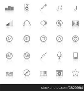 Music line icons with reflect on white background, stock vector