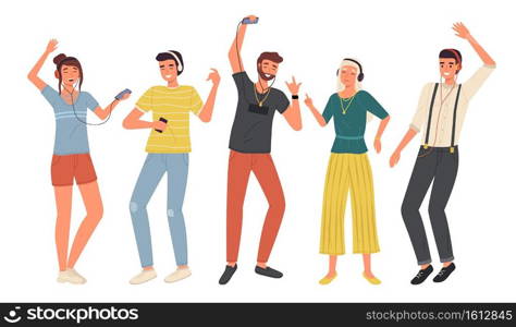 Music listening. Young people with headphones and smartphones set, dance and relaxation lifestyle, happy friends in modern casual wears with earphones. Vector flat cartoon isolated on white concept. Music listening. Young people with headphones and smartphones set, dance and relaxation lifestyle, happy friends in modern casual wears with earphones. Vector flat cartoon concept