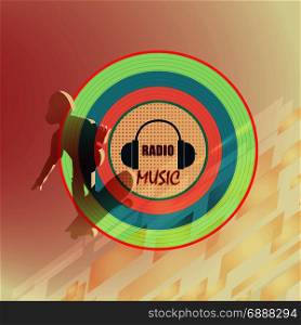Music logo radio. Musical logo for radio station. Skateboarder on the background music disc and the bright background. Vector illustration of colorful color.