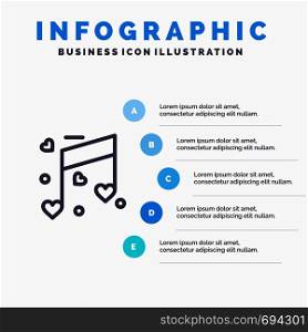 Music, Love, Heart, Wedding Line icon with 5 steps presentation infographics Background