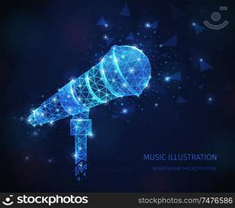 Music media polygonal wireframe composition with text and glittering image of professional vocal microphone on stand vector illustration