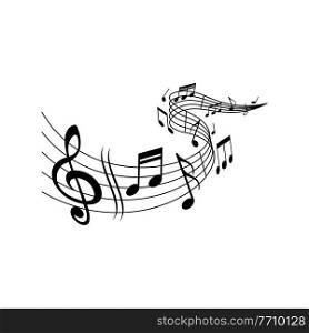 Music melody wave on notes staff with clef treble, vector. Classic music concert, orchestra, symphonic or philharmonic musical notes wave on scale stave or music staff background. Music melody notes on wave, musical concert