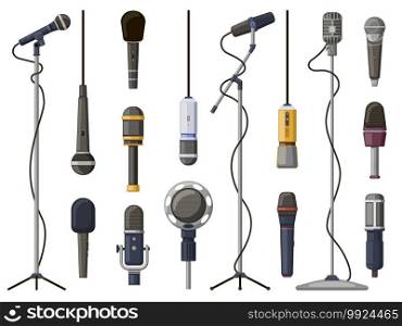 Music microphones. Studio sound, broadcast, or music record equipment, music record technology. Microphone for audio broadcast vector illustration set. Mic for karaoke singing and performance. Music microphones. Studio sound, broadcast, or music record equipment, music record technology. Microphone for audio broadcast vector illustration set