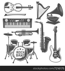 Music monochrome elements set with violin and harp synthesizer quitar percussions and saxophone isolated vector illustration. Music Monochrome Elements Set