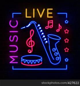 Music neon sign. Glowing karaoke banner, live music light emblem, disco club retro poster. Vector music and saxophon sound neon design template. Music neon sign. Glowing karaoke banner, live music light emblem, disco club retro poster. Vector music and sound neon design template