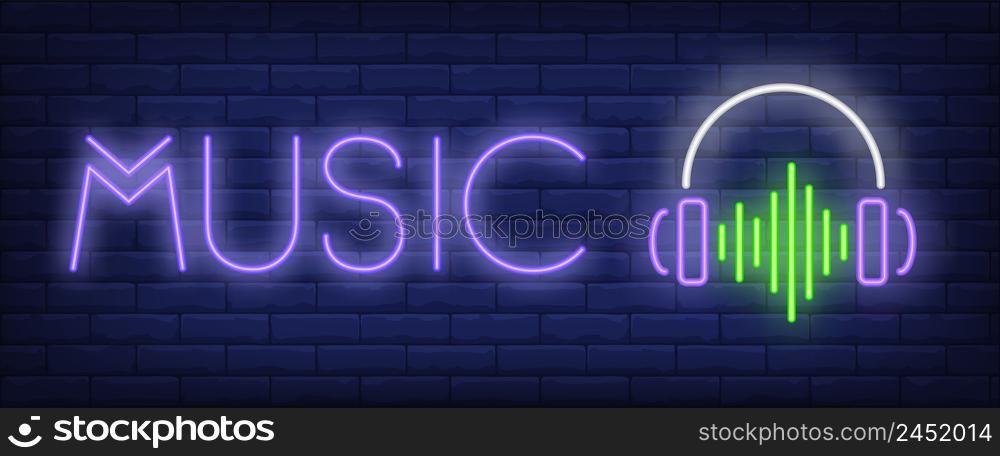 Music neon text with headphones and sound wave. Music, party and disco design. Night bright neon sign, colorful billboard, light banner. Vector illustration in neon style.