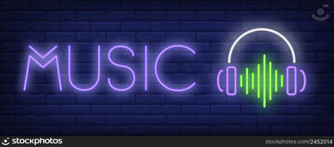 Music neon text with headphones and sound wave. Music, party and disco design. Night bright neon sign, colorful billboard, light banner. Vector illustration in neon style.