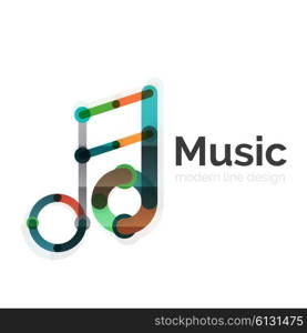 Music note logo, flat thin line geometric design isolated on white