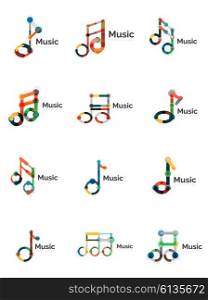 Music note logo set, flat thin line geometric icons isolated on white