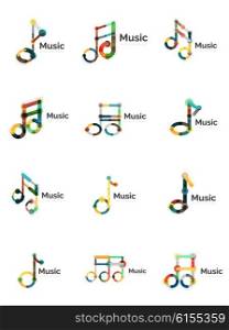 Music note logo set, flat thin line geometric icons isolated on white