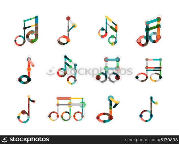 Music note logo set, flat thin line geometric icons isolated on white