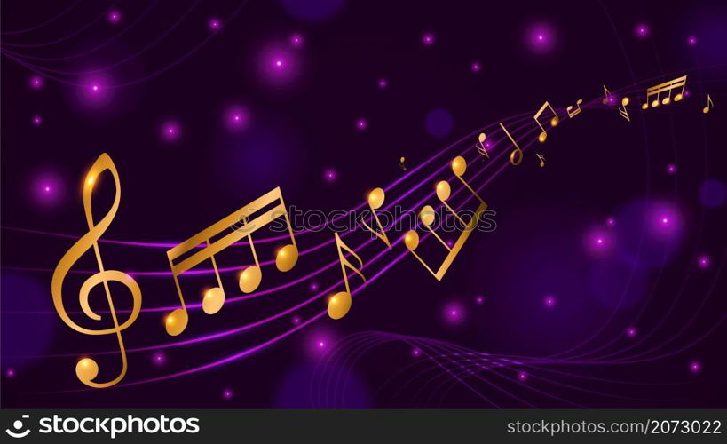 Music note poster. Gold abstract melody wavy horizontal banner, smooth shining musical notes background, classical symphony concert announcement, glowing stars purple design backdrop, vector concept. Music note poster. Gold abstract melody wavy horizontal banner, smooth shining musical notes background, classical symphony concert announcement, glowing stars purple backdrop vector concept