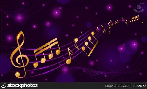 Music note poster. Gold abstract melody wavy horizontal banner, smooth shining musical notes background, classical symphony concert announcement, glowing stars purple design backdrop, vector concept. Music note poster. Gold abstract melody wavy horizontal banner, smooth shining musical notes background, classical symphony concert announcement, glowing stars purple backdrop vector concept