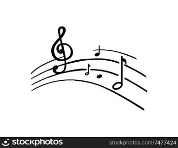 Music notes and melody tablature, sounds signs monochrome sketch outline vector line art. Song symbols on sheet, concert accords and tunes tone, rhythms key. Music Notes and Melody Tablature, Sounds Signs