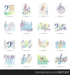 Music notes bass and treble clefs and staves shadow icons set isolated vector illustration . Music notes icons set