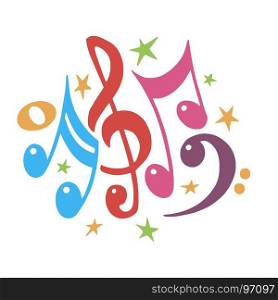 Music notes color .Abstract musical background. Vector illustration.Mensural notation musical.Colorful notes symbols.Note value.Music staff.