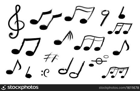 Music notes. Hand drawn sound symbols. Melody recording. Collection of isolated musical signs. Decorative outline black icons for musicians. Abstract ink templates, vector minimalist flat set. Music notes. Hand drawn sound symbols. Melody recording. Collection of isolated musical signs. Decorative outline icons for musicians. Abstract ink templates, vector minimalist set