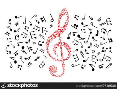 Music notes icons. Background with red treble clef shape of black vector musical stave elements. Music notes icons. Red treble clef
