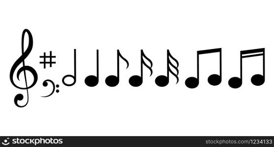 Music notes icons set. Black notes symbol on white background - stock vector.