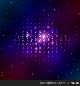 Music notes in space background with shiny stars and flares