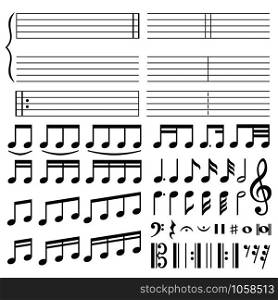 Music notes. Musical melody notation, note tone and treble clef swirl shape. Notes or sketch drawn classic piano note black silhouette isolated icons vector set. Music notes. Musical melody notation, note tone and treble clef swirl shape. Notes icons vector set