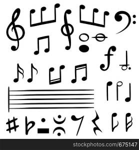 Music notes. Musical note key silhouette, treble clef sound melody art vector melodist symbols. Music notes. Musical note key silhouette, treble clef sound melody art vector symbols
