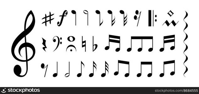 Music notes. Musical song melody tune clef icons, symphony sound tone stave sheet design flat simple style. Vector isolated collection of melody clef classical illustration. Music notes. Musical song melody tune clef icons, symphony sound tone stave sheet design flat simple style. Vector isolated collection
